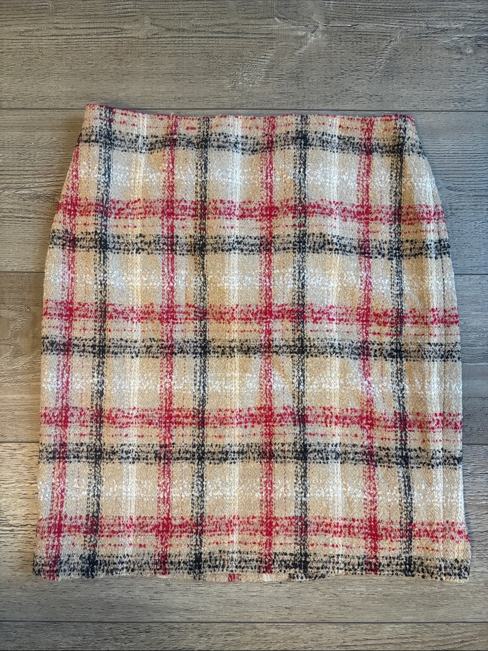 Talbots Plaid Wool Blend Tweed Pencil Midi Skirt in Tan, Black & Red